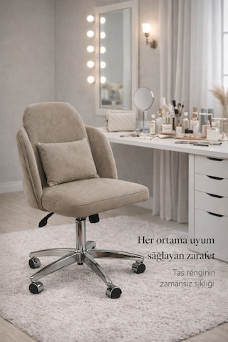 Dekoratif Çalışma Sandalyesi Taş Rengi Makyaj Masası & Butik & Kamera Önü Kullanım Bej