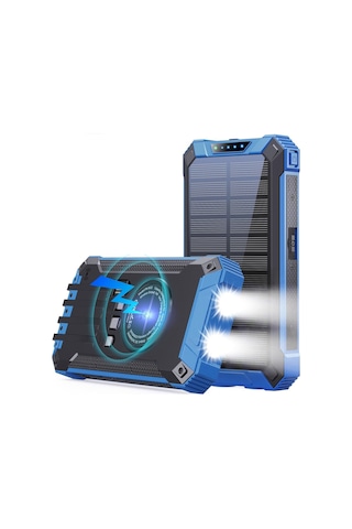 10000mah Solar Powerbank Wireless Kablosuz Şarj Özellikli Kendinden Kablolu Taşınabilir Şarj Aleti Mavi
