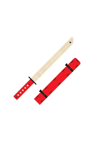 Ahşap Samuray Seti 3 Lü Katana Kılıcı + Kohga + Kunai  Kırmızı