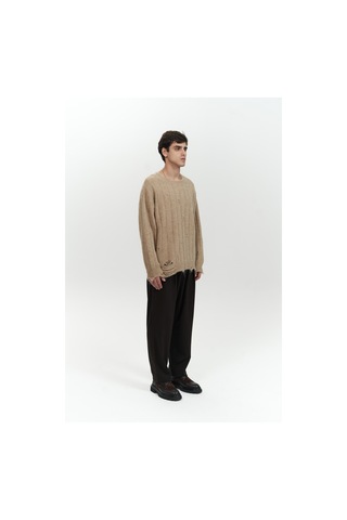 Vincent Yırtık Detay Vizon Erkek Triko Kazak Vizon