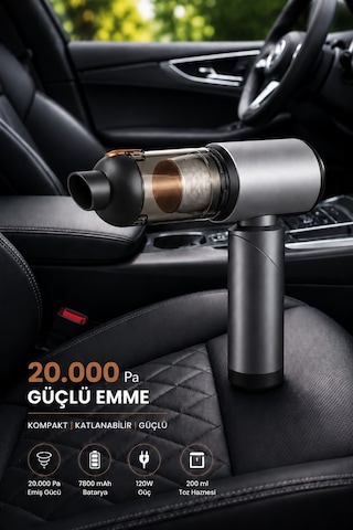 20.000 Pa Kablosuz Araç Süpürgesi 120w Güçlü Emiş 7800 Mah Şarjlı El Süpürgesi 8 Başlıklı Hepa Filtreli Mini Vakum Gri