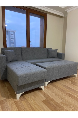 Açık Gri Keten Köşe Koltuk Takımı+puf