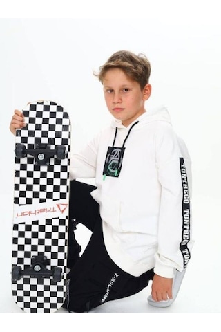 Çocuk Kapüşonlu Stay Strong Yazılıi Sweatshirt-14816 Ekru