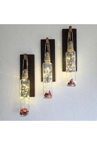 Led Işıklı, Ceviz Renkli Duvar Aplik, 3’Lü Set