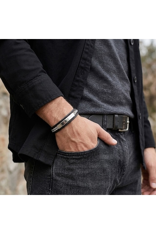 Premium Özel İsim Yazılabilir Orijinal Deri 316l Çelik Zincir Erkek Bileklik 31836b2d1 21 Cm Siyah - Gümüş