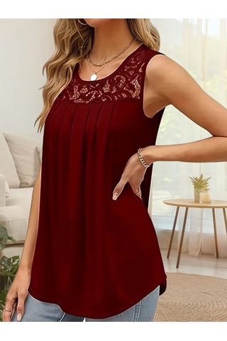 Kadın Askılı Yuvarlak Yaka Dantel Detaylı Viskon Bluz Bordo