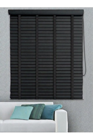 Gece Siyahı - 50 Mm Redüktörlü Ahşap Jaluzi Perde Ev Ve Ofis İçin Doğal Ihlamur Ağacı Sj-506 Siyah