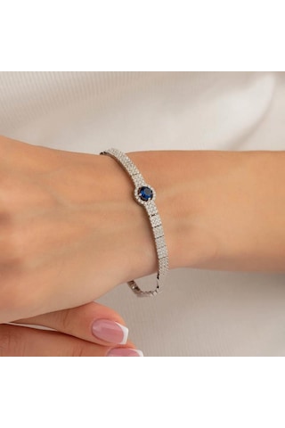 Gümüş Pazarım Safir Renkli Kemerli Su Yolu Gümüş Bileklik