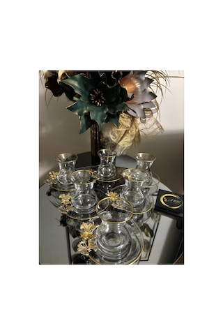 Paşabahçe Gold Yaldızlı Kelebek Detaylı 6 Kişilik 12 Parça Çay Seti, Çay Takımı, Çay Bardağı Ve Alt