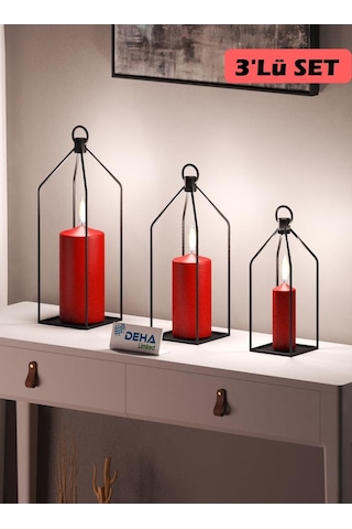 Metal Kafes 3 Lü Set Mumluk Fener Dekoratif Mumluk Ferforje Şamdan Siyah