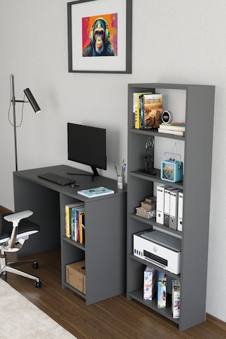 Kitaplıklı Çalışma Masası Bilgisayar Masası Raflı Öğrenci Ofis Masası 5 Raflı Ders Çalışma Masası Antrasit