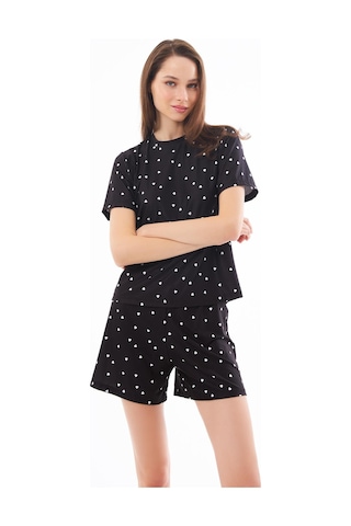 Premium Yazlık Şortlu Kadın Pijama Takımı Siyah Kalp Desenli Yumuşak Dokulu Bisiklet Yaka Kısa Kollu Siyah