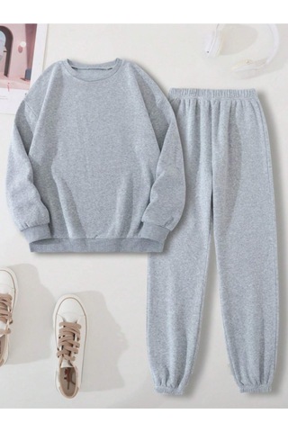 Düz Kalın Kışlık Eşofman Takımı - Gri Sweatshirt Jogger Oversize Sıfır Yaka Gri