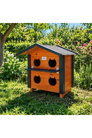 4 Yuvalı Ahşap Kedi Evi Dış Ortam
