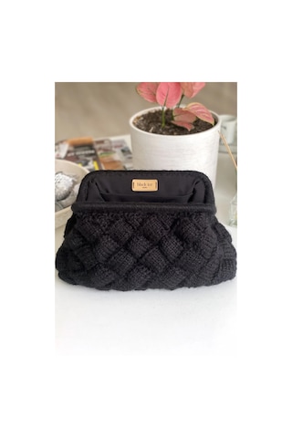 El Yapımı Siyah Diamond Yün Örgü El Çantası Siyah