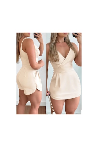 Butik İstanbul Kadın Ip Askılı Kruvaze Yakalı Cep Detaylı Ithal Krep Short Etek Tulum Bej