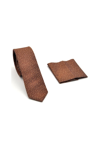 Gaffy Beyaz Noktalı Mavi Kareli Kahverengi Dokuma Kumaş Mendilli Slim Fit Kravat // SDK-240101 Kahverengi