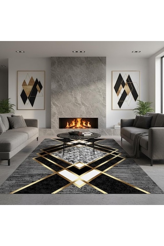 Gri Ve Altın Renklerde Modern Geometrik Desenli Dijital Baskılı Halı Kaymaz Tabanlı, Üçgen Ve