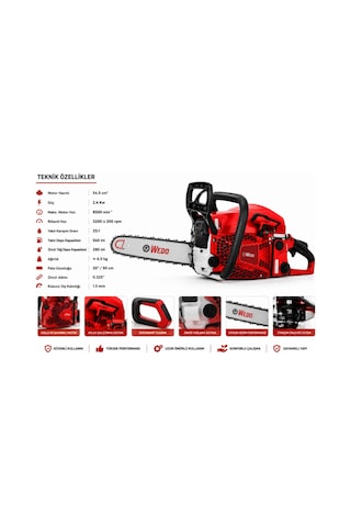 Algaride Wedo CS581 54.5CC Benzinli Motorlu Testere 2.4KW 50 CM Pala 3/25 Zincir Profesyonel Ağaç Kesim Motoru