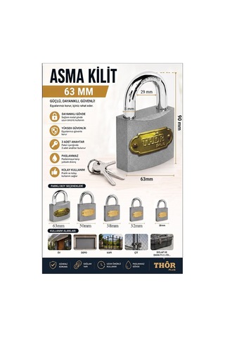 Büyük Boy Asma Kilit 63 Mm 1 Adet Thor Plus Paslanmaz Metal Asma Kilit Dayanıklı Yedek Anahtarlı Zincir Kapı Bahçe