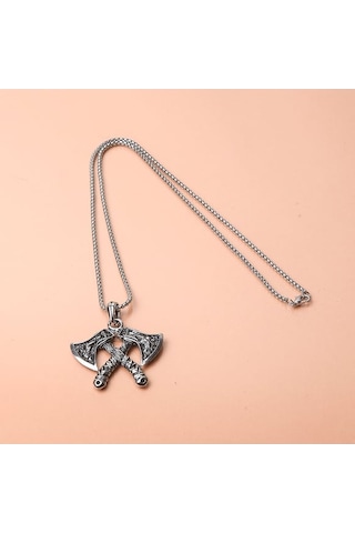 Vintage Viking Çift Taraflı Balta Erkek Kolye Çelik İskandinav