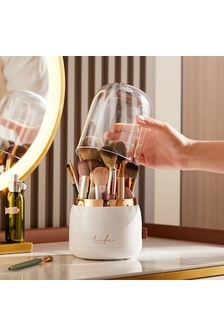 Masaüstü Makyaj Fırçası Ve Kozmetik Düzenleme Kutusu Organizer Bölmeli Dönebilen Bej