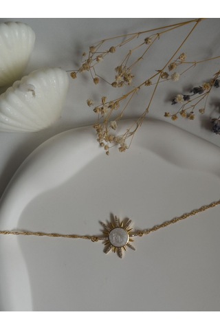 Handmade Pirinç Üzeri Altın Kaplama Güneş Beyaz Bileklik - Sunrise - White Sevgiliye Hediye