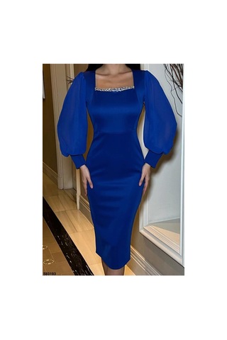 DefyModa Kadın Saten Kumaş Kare Yaka Balık Kesim Abiye Elbise Saks