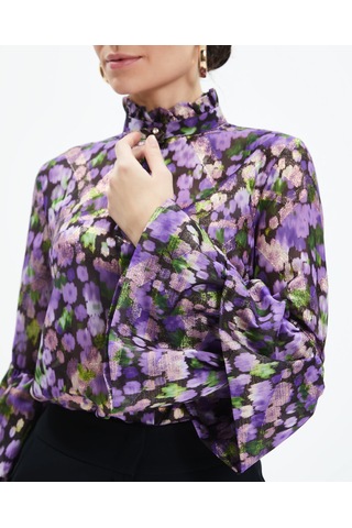 Volan Kollu Metalik Desenli Transparan Gömlek Işıltılı Ve Sofistike Stil Mor