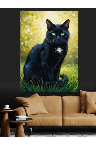 Karizma Tablo Siyah Kedi Yeşil Göz Dekoratif Kanvas - Mdf Ahşap Tablo