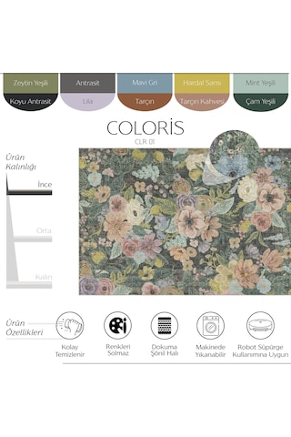 Cool Halı Coloris Renkli Çiçekli Şönil İnce Yıkanabilir Dekoratif Yazlık Balkon Oturma Odası Halısı