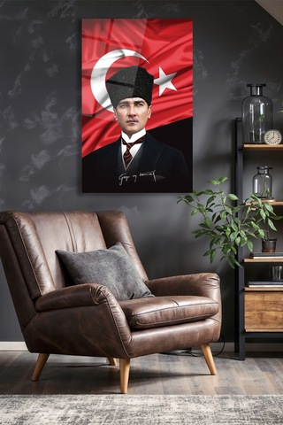 Atatürk Portre Ve Türk Bayrağı Dikey Cam Tablo, Modern Duvar Dekoru , Kurum Ofis İş Hediyelik Tablo