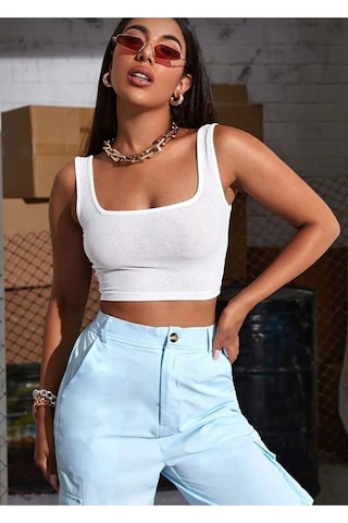 Genel Markalar Kadın Askılı Crop Top Bluz Beyaz Beyaz