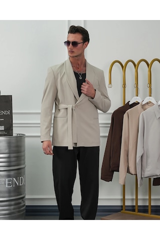 Modefendi Şal Yaka Kuşak Detaylı Blazer Ceket Krem