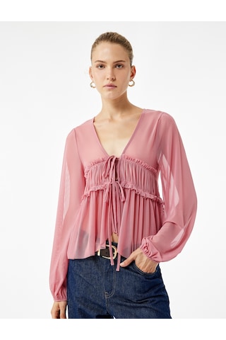 Koton Uzun Kollu Bağlamalı Fiyonk Detaylı Yarı Transparan V Yaka Fırfırlı Bluz Pembe 6wak80130ek Gül