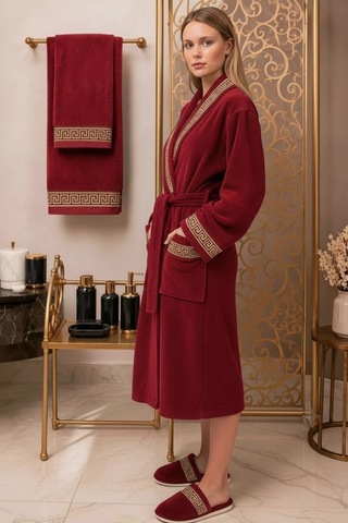 Premium %100 Pamuk Unisex Şalyaka Cepli Bornoz Seti 4 Parça Havlu Terlik Takımı Kırmızı Kırmızı