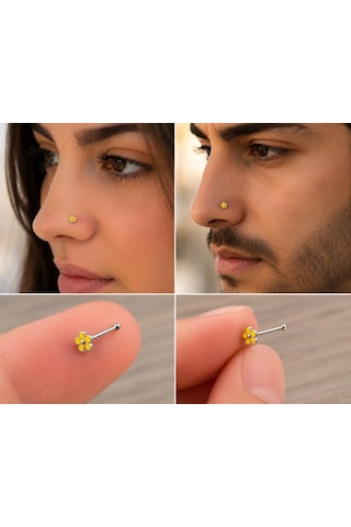 925 Ayar Gümüş Burun Hızması Turuncu Çiçek Desenli Minimal Nose Stud Kadın Erkek Unisex 8 Mm Gri