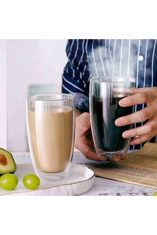 2 Adet Çift Cidarlı İki Katmanlı Borosilikat Cam Bardak, Yalıtımlı Cappuccino Latte Kahve Kupası, Şık Ve Dayanıklı Tasarım, Isıya Dayanıklı,termisil Kupa 300 Ml 6998