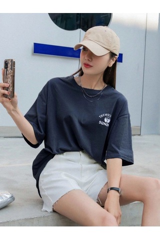 Flood Of Style Kadın Lacivert Mountaın Oversize Bisiklet Yaka Tshirt