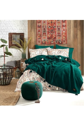 İyi Geceler İstanbul Boho Chic Çift Kişilik Battaniyeli Zümrüt Yeşili Nevresim Takımı Yeşil