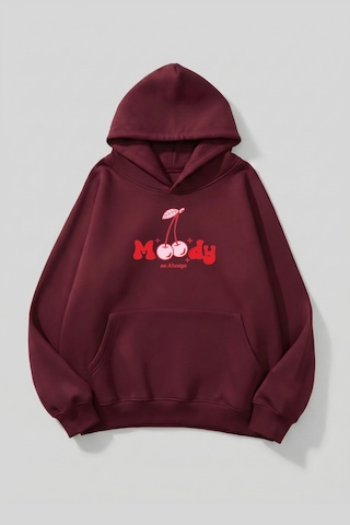 Uyguntarz Unisex Yumuşak Dokulu Moody Cheery Baskılı Tasarım Oversize 3 İplik Hoodie Sweatshirt Bordo
