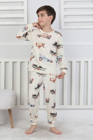 Zuzunga Racing Car And Aeroplane Desenli Erkek Çocuk Pijama Takımı Bej