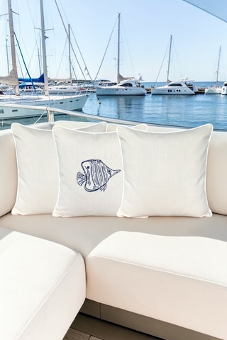 Kırlent Kılıfı 45x45 3'lü Set Marin Nakışlı Balık Desen Su İtici Outdoor Keten Tekne Bahçe Krem