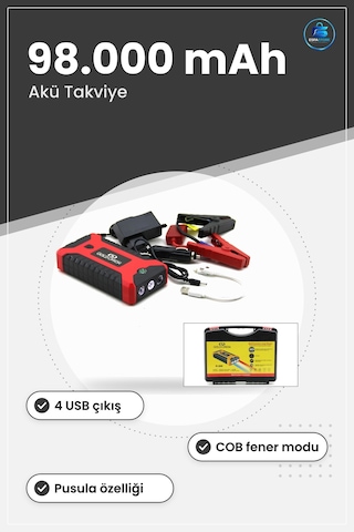 Araç Akü Takviye Powerbank Şarj Cihazı 4 Usb Fener Cob Pusula 98.