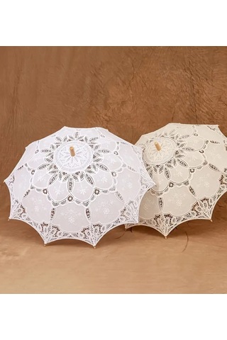 Atay Garage Şemsiye 80-65cm Ebatlarında Büyük Vintage Dantel İşlemeli Beyaz Şemsiye Bej - Krem