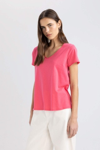 Defacto Regular Fit V Yaka Basic Kısa Kollu Tişört K1507AZ24SMPN239 Pembe