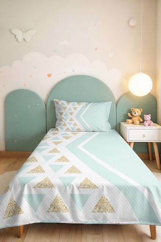 Geometrik Mint Genç Odası Tek Kişilik Pike Takımı-üçgen Beyaz Gold 160x220 Cm Kapitone Yatak Örtüsü Hafif Sis Ufku