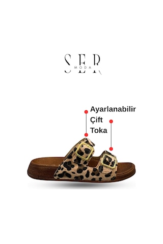 Sermoda Çift Toka Kadın Terlik - Rahat Ve Esnek Tabanlı Ayarlanabilir Bantlı Kadın Terlik Leopar Sarı
