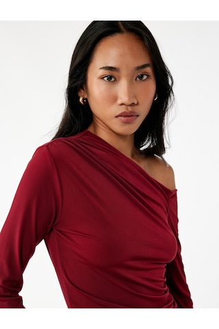 Koton Slim Fit Drape Detaylı Uzun Kollu Asimetrik Tek Omuz Tişört Bordo 6wak80016ek Bordo