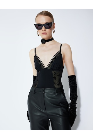 Koton Askılı Tül Detaylı Bodysuit Siyah 5wlk00013mk